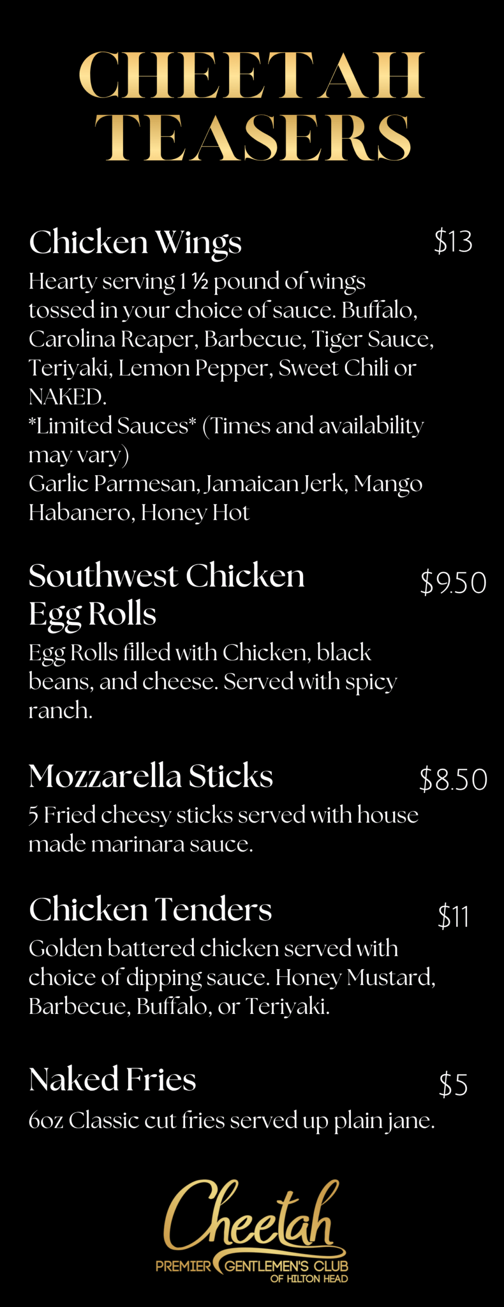Cheetah Hilton Head Food Menu